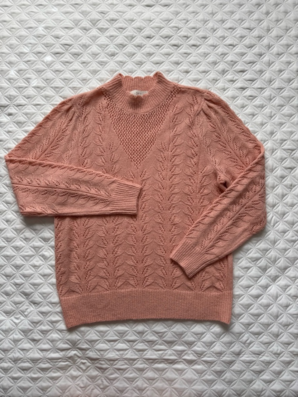 LOFT Pointelle Open Cable Knit Scalloped Mock Neck Sweater Coral Pink Size M